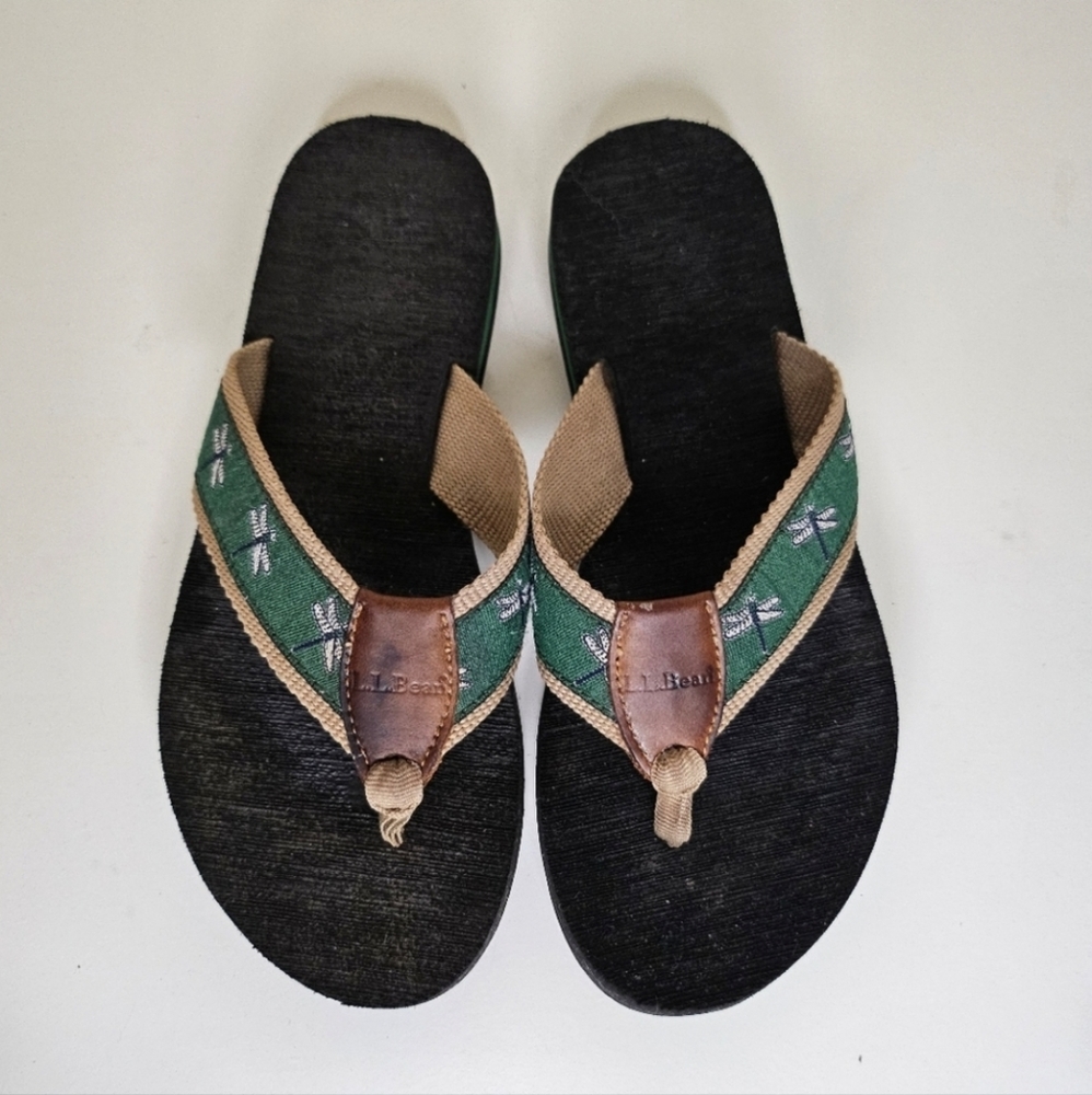 L.L. Bean Maine Isle Flip Flops Sandals Dragonfly Green Size 7